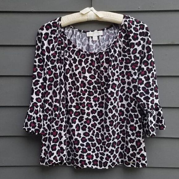 Michael Kors Leopard Print Peasant Boho Top with Ruffle Sleeves size XL - Picture 1 of 6